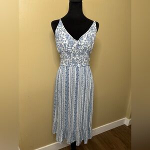 Blush Blue and White Patterned Midi Dress